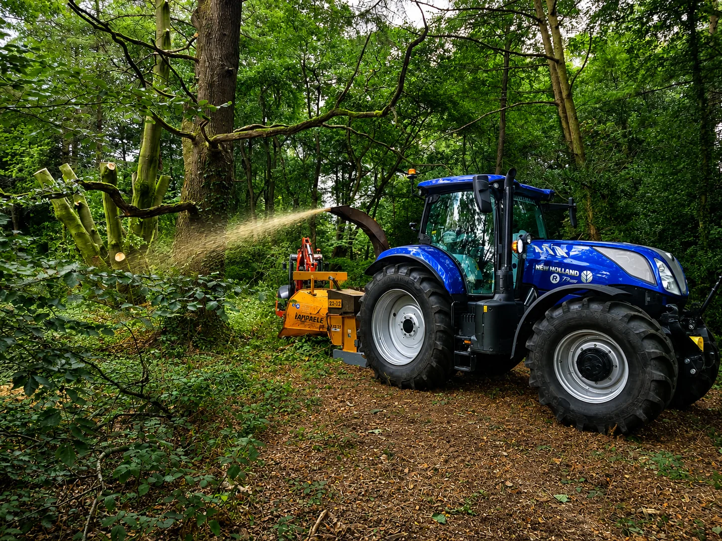 Tractor-mounted woodchipper processing tree material within the wooded Cicely Haughton site