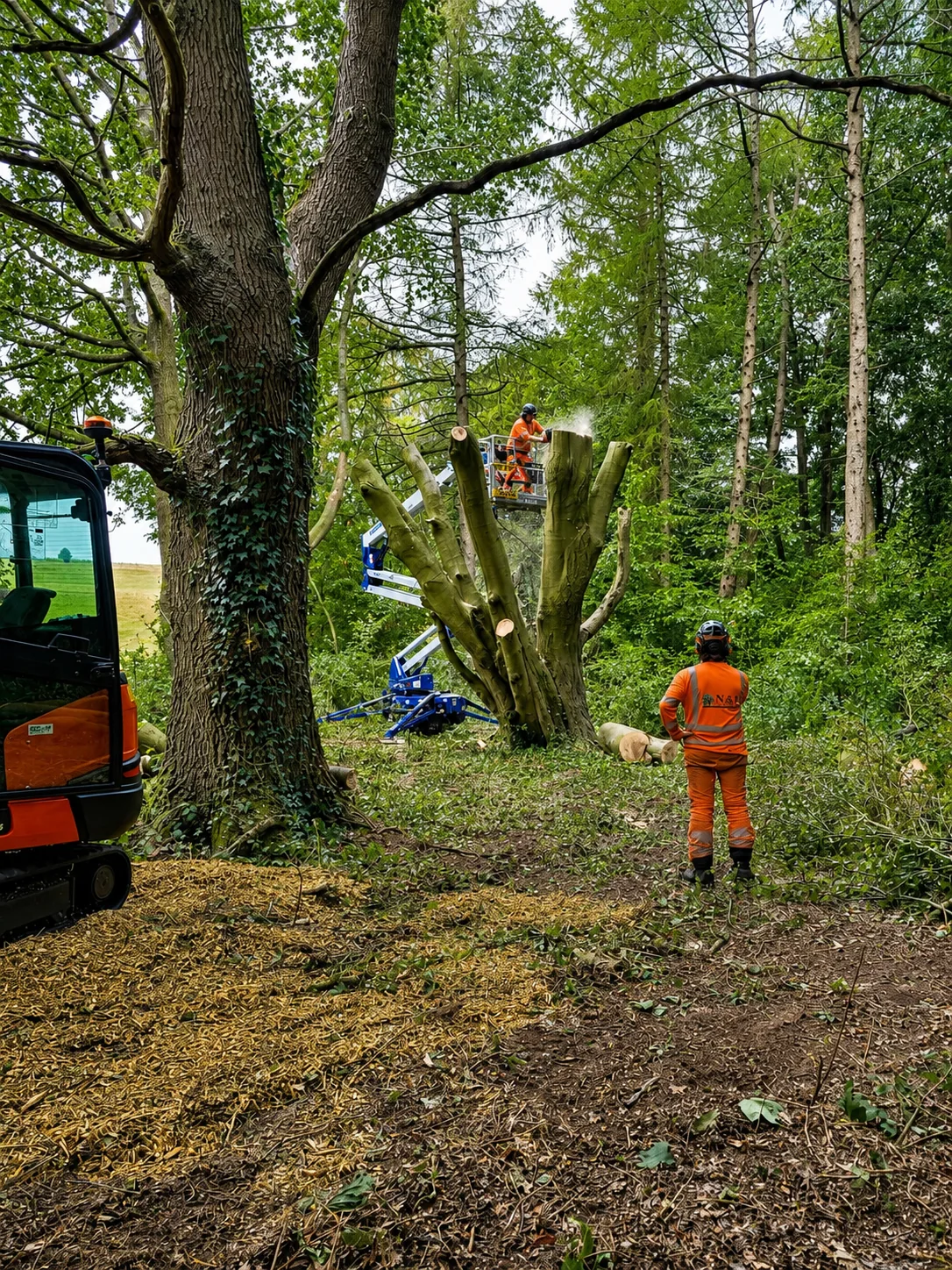 N&J arborists using a tracked spider MEWP to reduce the veteran Beech at Cicely Haughton