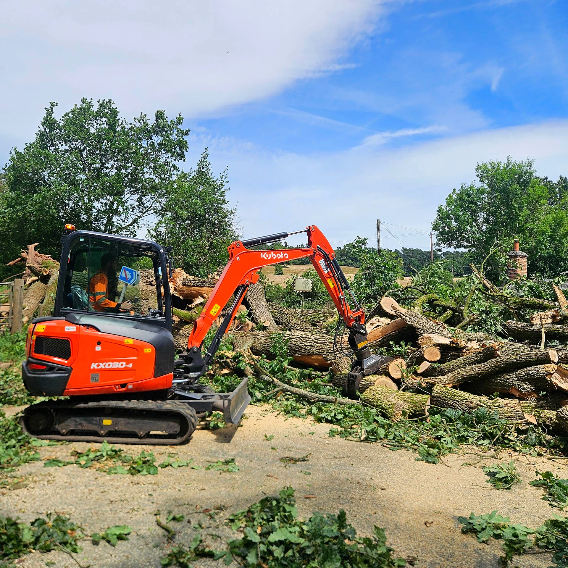 Excavator mechanically handling sections of the fallen oak beside Hollington Road