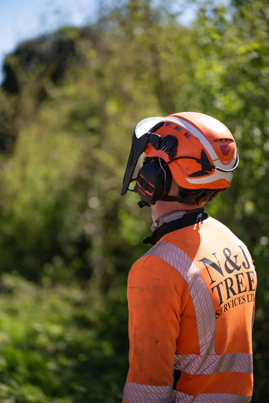 N&J Tree Services arborist wearing branded orange PPE and head protection