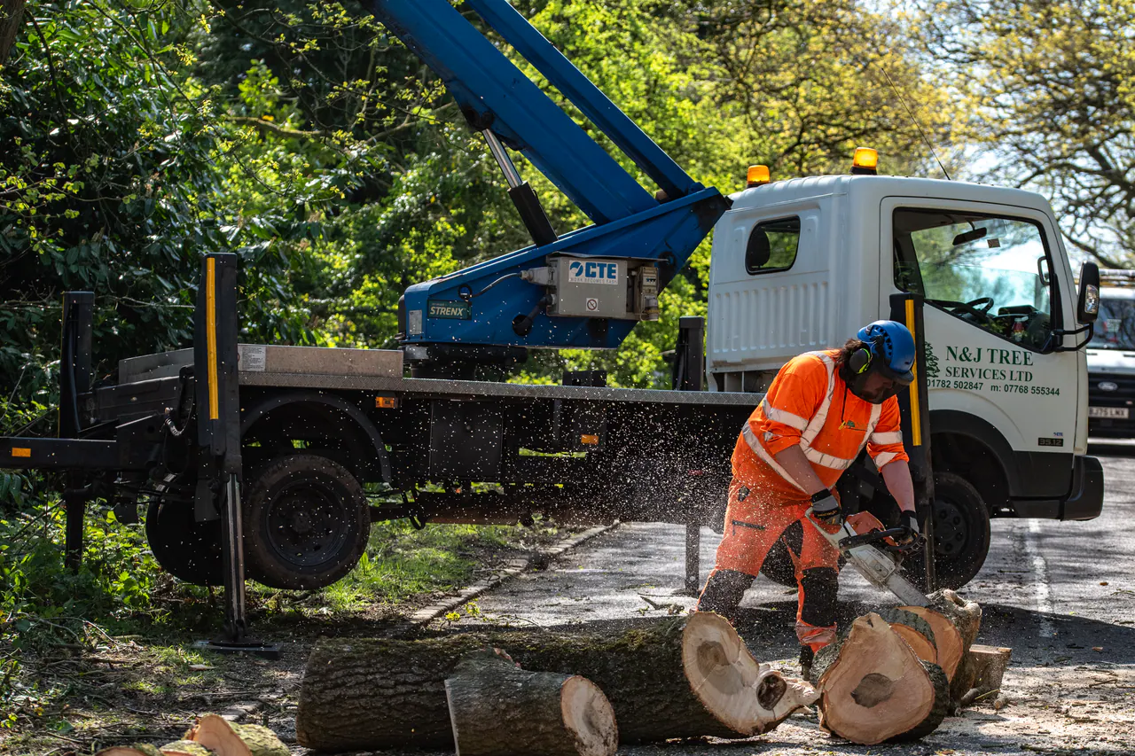 N&J Tree Services operative processing timber beside a branded mobile elevating work platform